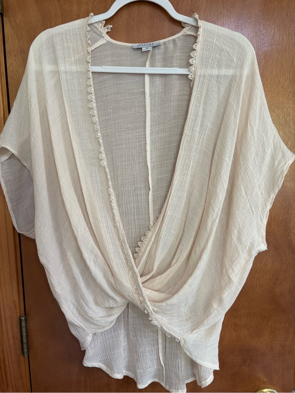 Favlux Fashion Cream Crinkle Gauze Faux Wrap Top Blouse